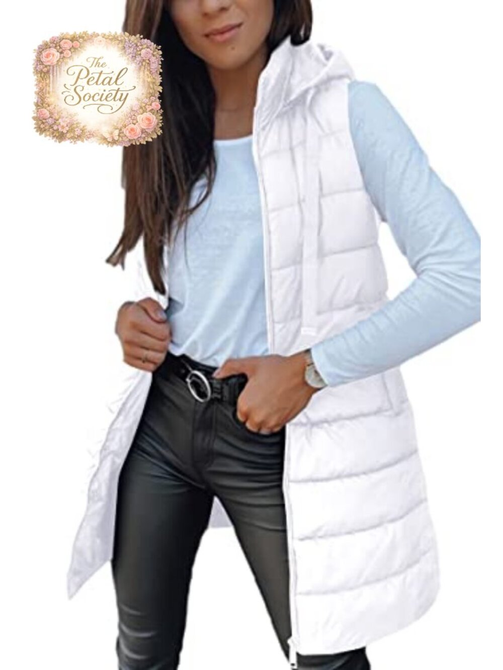 Long Puffer Vest Sleeveless Hooded Winter Outerwear